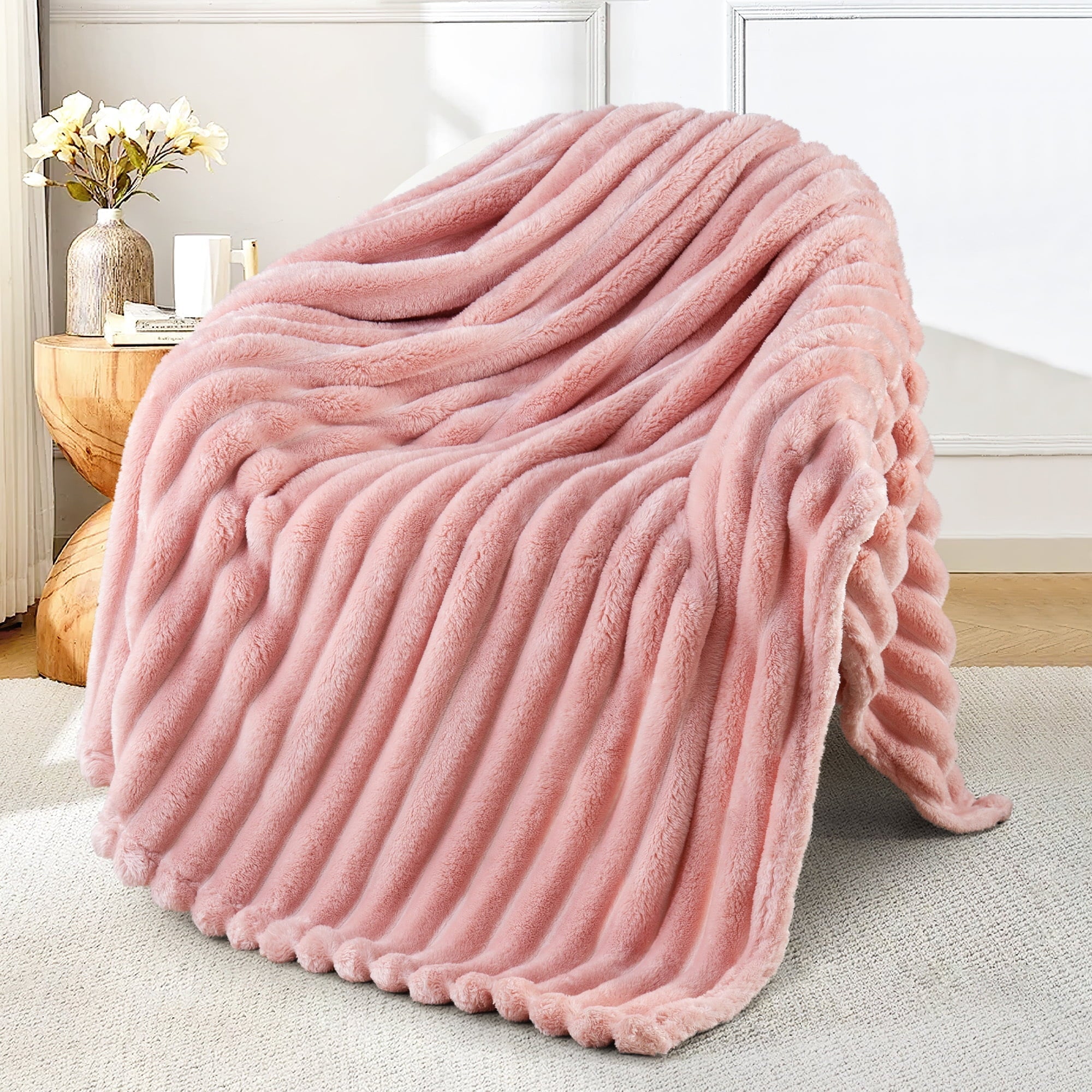 Reversible Sherpa Fleece Throw Blanket for Couch, Super Soft 3D Striped Jacquard Blanket, Lightweight Fuzzy Cozy Blankets, Pink, 50"x60" - Luxury Knitted Decorative Throw Blanket with Fringes - Default Title