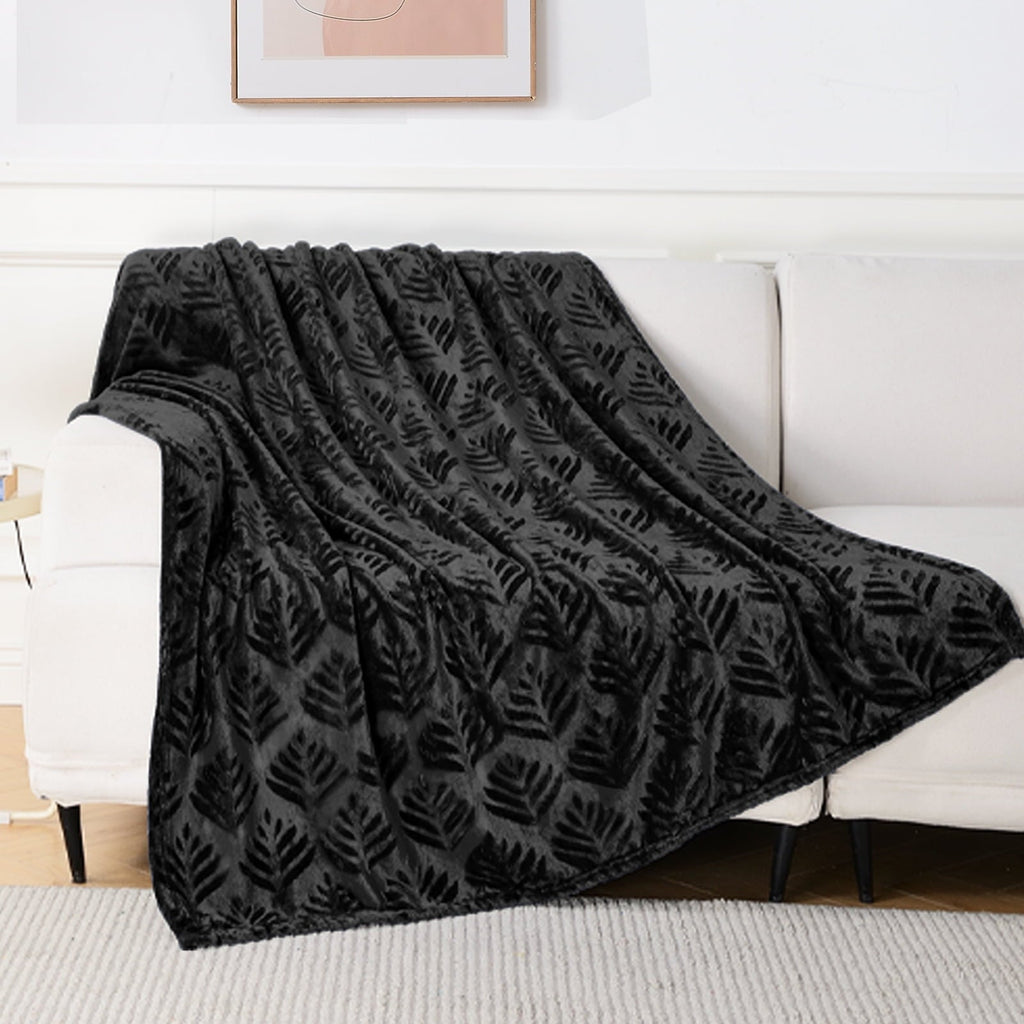 Decorative Knitted Fleece Throw Blanket for Couch, Leaves Pattern Super Soft and Cozy Blankets, Plush Fuzzy Lightweight, Black, 50"x60" - Cozy Fleece Throw Blanket for Couch & Bed - Default Title