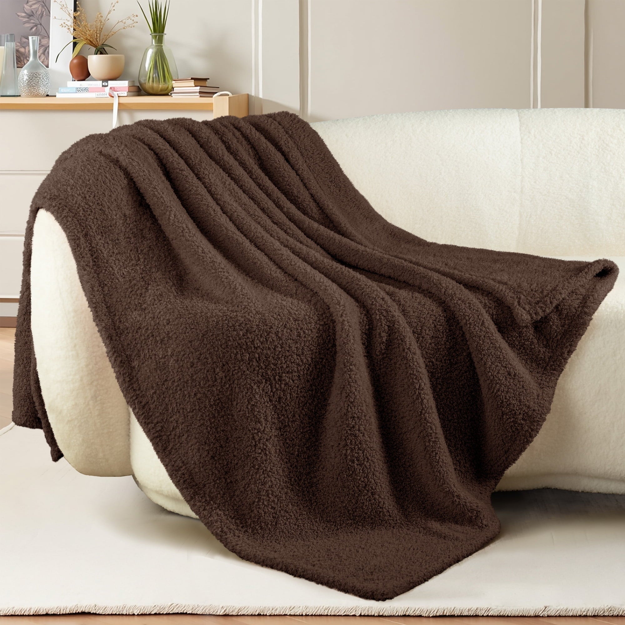 Reversible Sherpa Fuzzy Fleece Throw Blanket for Couch Sofa, Lightweight Fluffy Solid Velvet Blanket, 50x60 Inches, Coffee - Luxury Knitted Decorative Throw Blanket with Fringes - Default Title