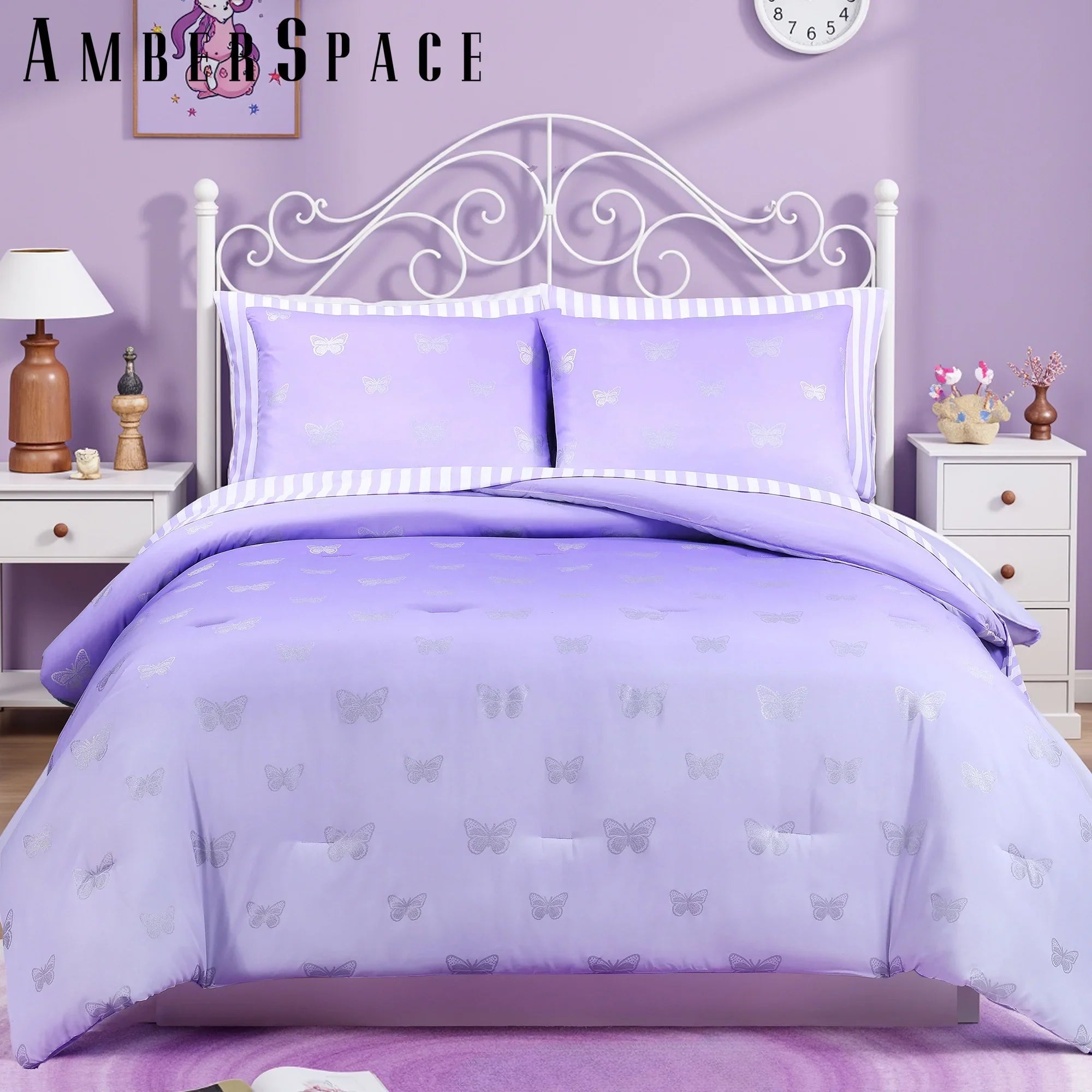 Luxurious Quilted gold foil Design 7-piece Bed in a Bag Comforter Set with Sheets,Purple/Silver Butterflies,Full - All-Season Down Alternative Comforter Insert - Default Title