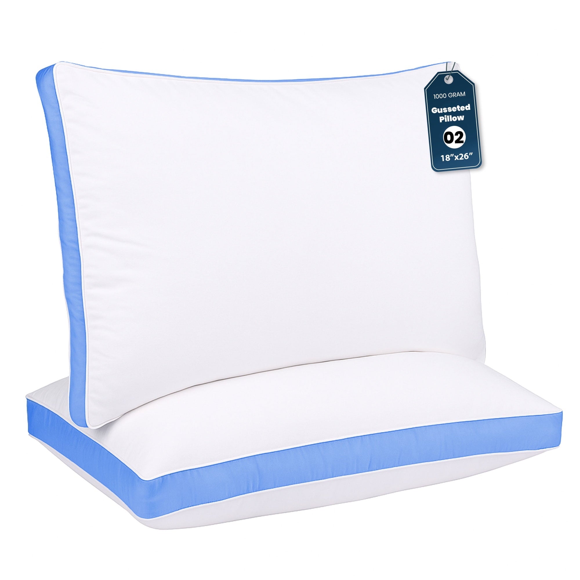 Hotel Collection Gusseted Queen 18x26 Bed Pillows for Sleeping Set of 2 Polycotton White Blue Stripe Comfortable - Decorative Throw Pillow Cushion for Sofa & Bed - Default Title
