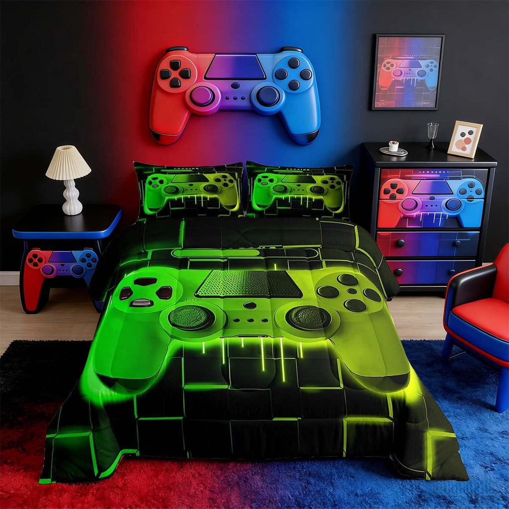 Hypoallergenic Cloud Green Yellow Gaming Full Size Comforter Sets - Gamer Comforter Full Size Bedding Set, Neon Lights Abstract Geometry D... - Cloud-Like Soft Lightweight Bed Comforter - Default Title
