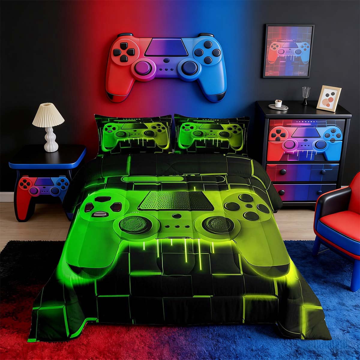 Hypoallergenic Cloud Green Yellow Gaming Full Size Comforter Sets - Gamer Comforter Full Size Bedding Set, Neon Lights Abstract Geometry D... - Cloud-Like Soft Lightweight Bed Comforter - Default Title