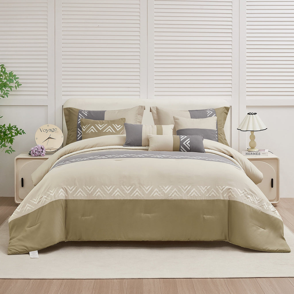 Heavyweight Warmth 7 Piece Embroidery Design Bed-in-a-Bag, Taupe Queen Size Ultra Soft Comforter Set for Adults - Luxurious Quilted Duvet Cover Set - Default Title