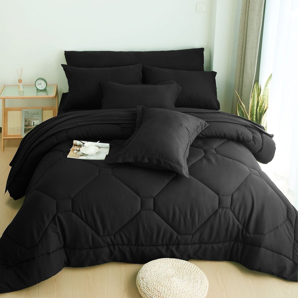 Hypoallergenic Cloud 8 PCS Modern Comforter Set with Sheets All Season Bed in a Bag, Black, Queen Size - All-Season Down Alternative Comforter Insert - Default Title