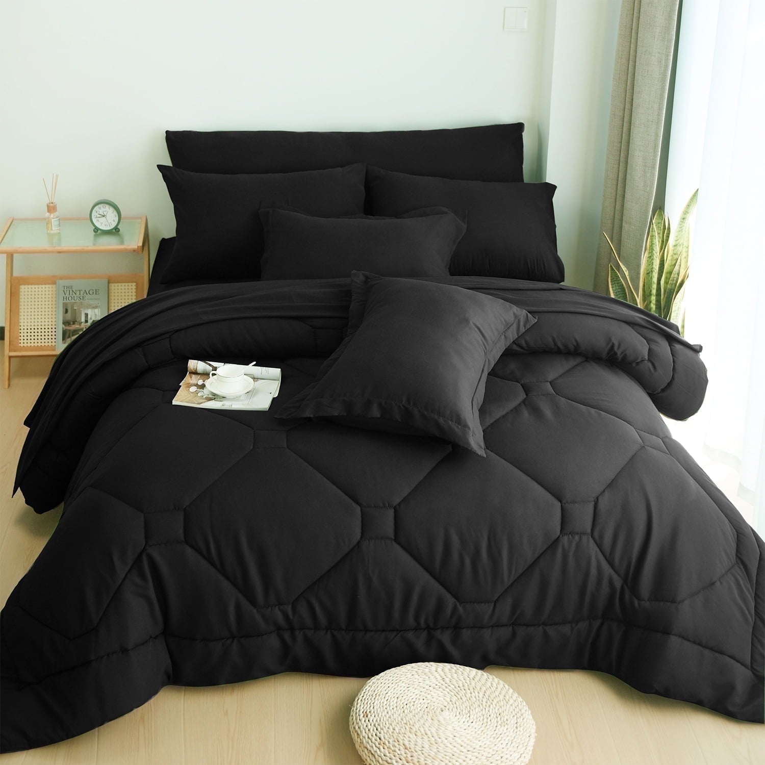 Hypoallergenic Cloud 8 PCS Modern Comforter Set with Sheets All Season Bed in a Bag, Black, Queen Size - All-Season Down Alternative Comforter Insert - Default Title