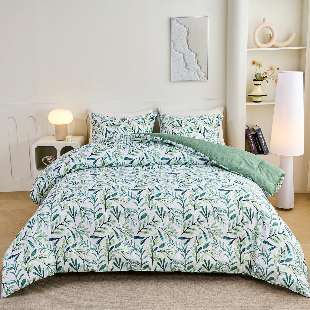 Fluffy Down Alternative 3-Piece Floral Comforter Set King Size, Green and White Botanical, Soft Microfiber All-Season Bedding for Adults & Teens - Cloud-Like Soft Lightweight Bed Comforter - Default Title