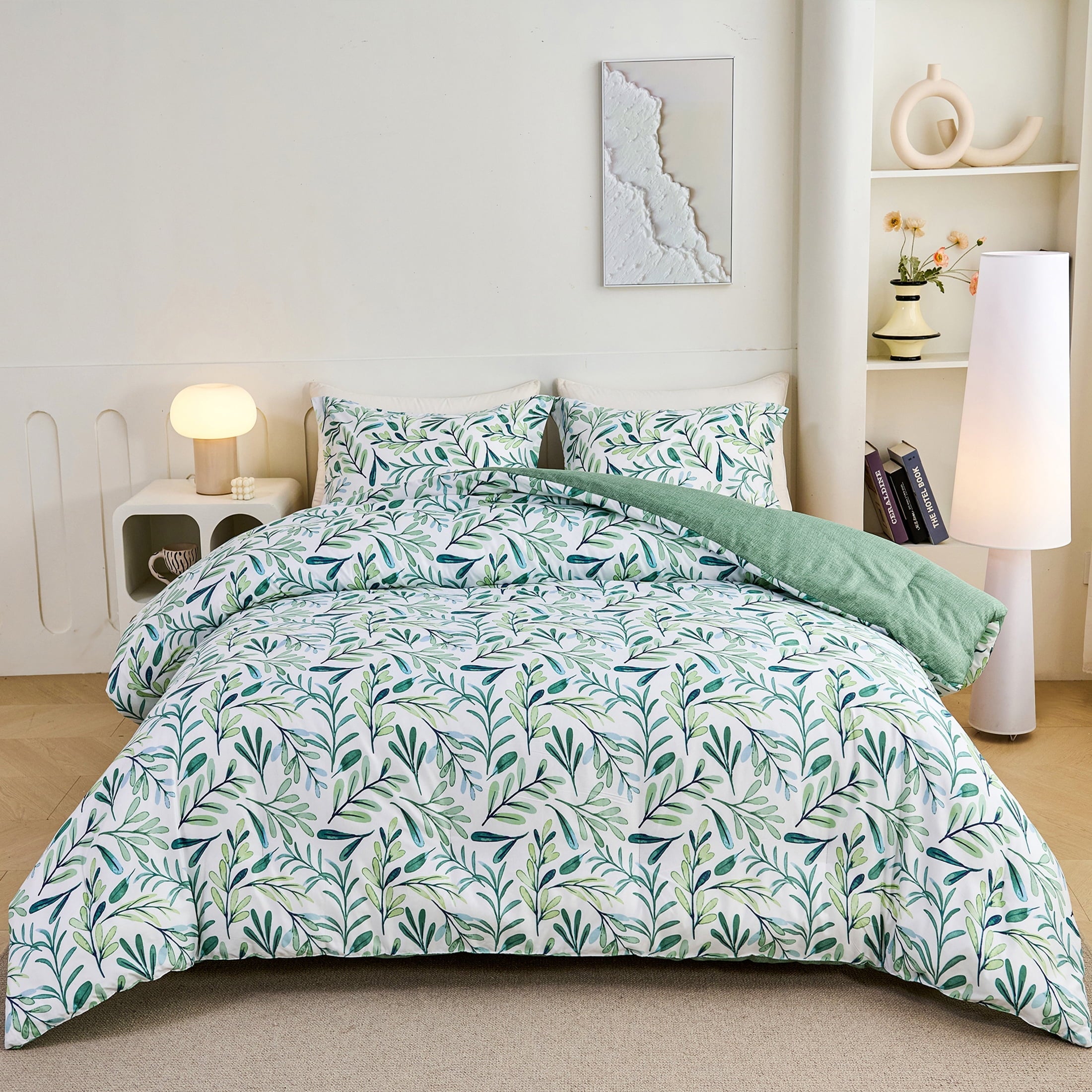 Fluffy Down Alternative 3-Piece Floral Comforter Set King Size, Green and White Botanical, Soft Microfiber All-Season Bedding for Adults & Teens - Cloud-Like Soft Lightweight Bed Comforter - Default Title