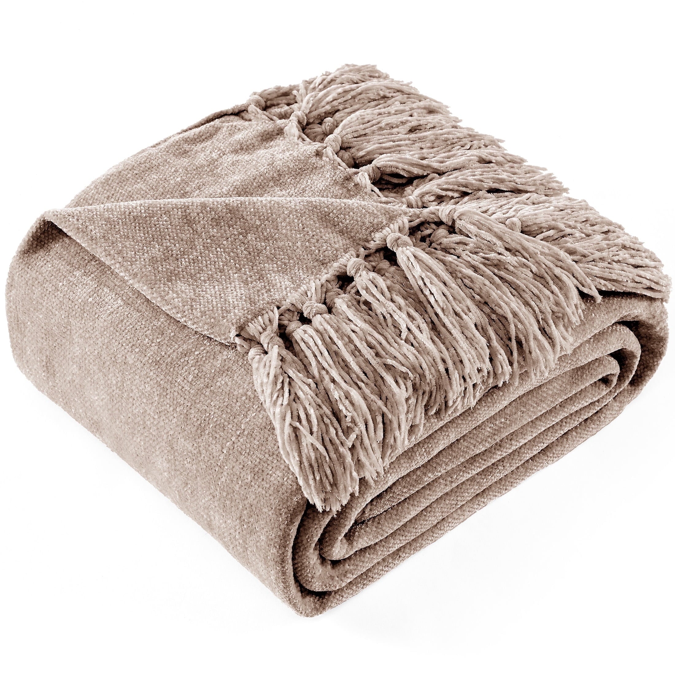 Cozy Fleece Chenille Throw Blanket with Fringe Tassel for Couch Sofa Chair Bed, Taupe 50" X 60" - Super Soft Reversible Sherpa Flannel Blanket - Default Title