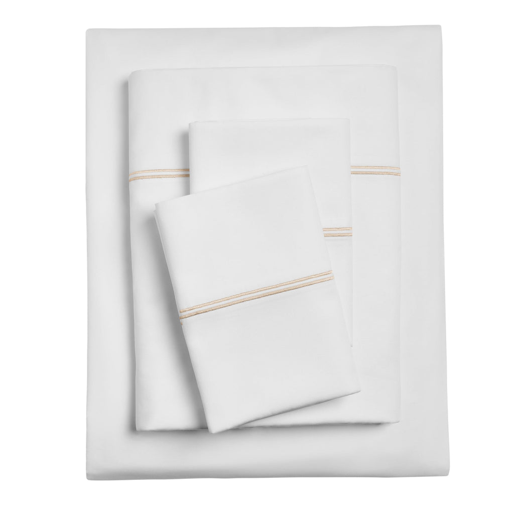 Wrinkle-Resistant 4-Piece 300 Thread Count White Pima Cotton Bed Sheet Set with Tan Hem, Full , Adult/Teen - Breathable Egyptian Cotton Flat & Fitted Sheets - Default Title