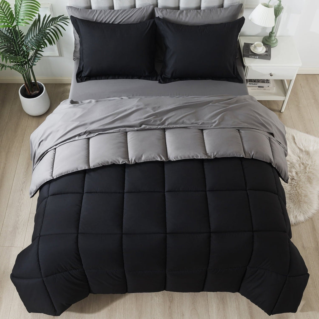 All-Season Queen Size 7 Piece Comforter Set | Bed in a Bag for Unisex Adult | Black/Gray - Luxurious Quilted Duvet Cover Set - Default Title