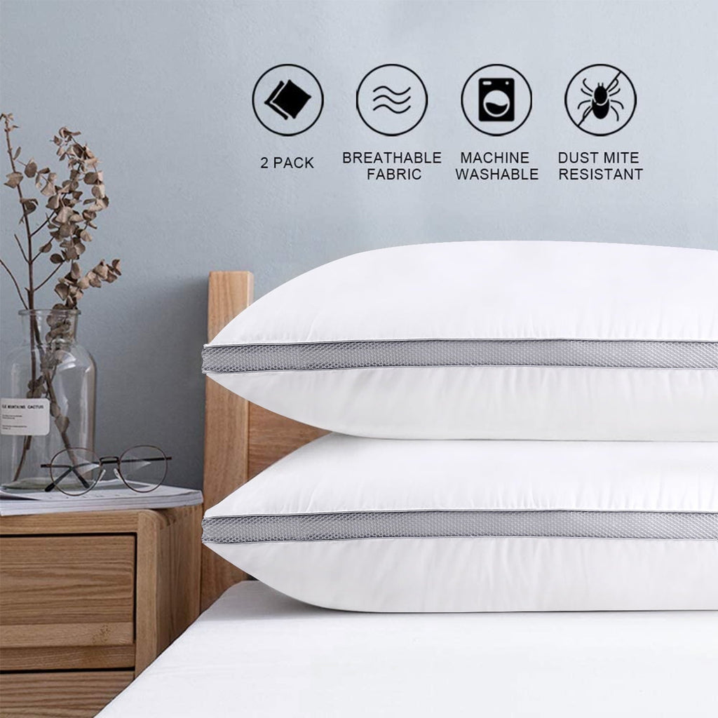 Ergonomic Memory Foam Down Alternative Bed Pillow with Cotton Cover and Gusset, 2 Pack, Queen, 20"x26" - Hotel Quality Plush Sleeping Pillows - Default Title