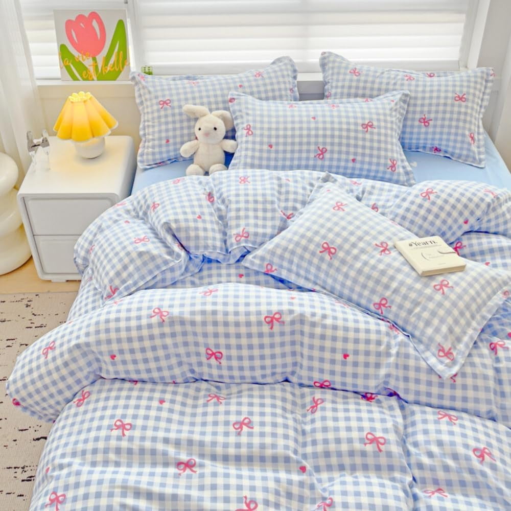 Luxurious Quilted 3-Piece Blue Plaid Pink Bows Comforter Full Set , Cute Soft Bedding Set for Kids Adults - Cloud-Like Soft Lightweight Bed Comforter - Default Title
