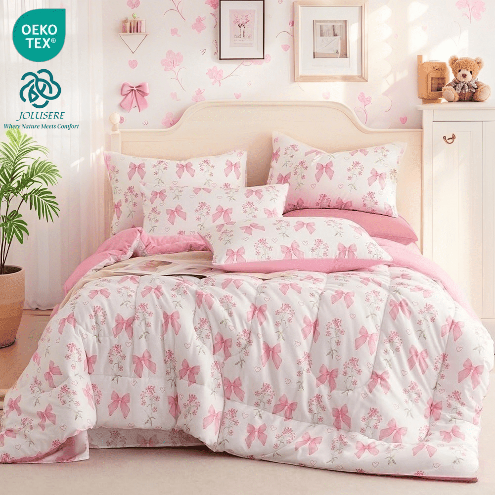 Fluffy Down Alternative Pink Bowknot Girls Comforter Set Twin Size, 3 Pieces Bows Princess Style Bedding Set for Girls for All Season - Hypoallergenic Ultra-Fluffy Quilt for Winter - Default Title