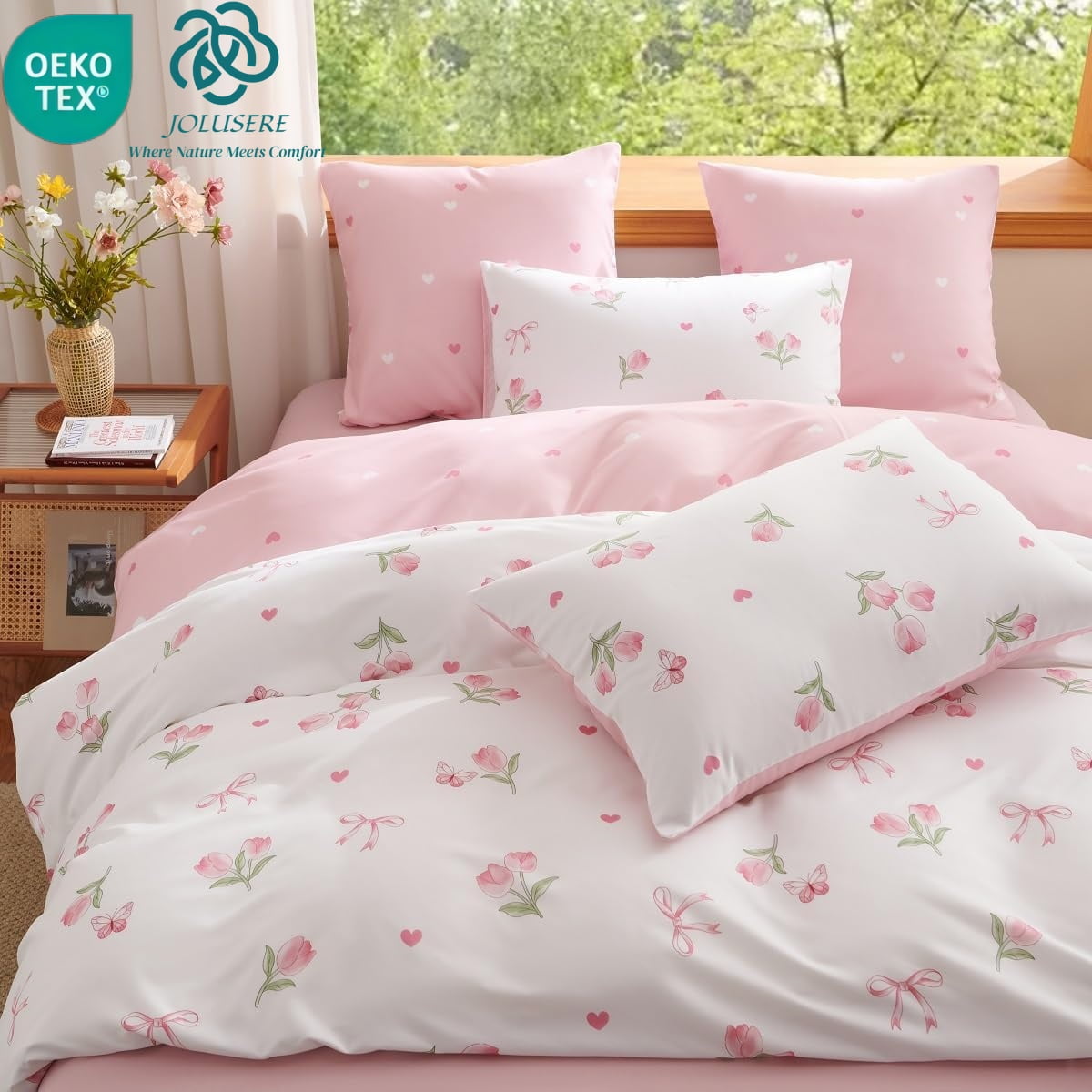 Hypoallergenic Cloud Pink Tulip Queen Comforter Set, 3-Piece Pink Flowers Reversible Soft Bedding Set or Adults All Season - Hypoallergenic Ultra-Fluffy Quilt for Winter - Default Title