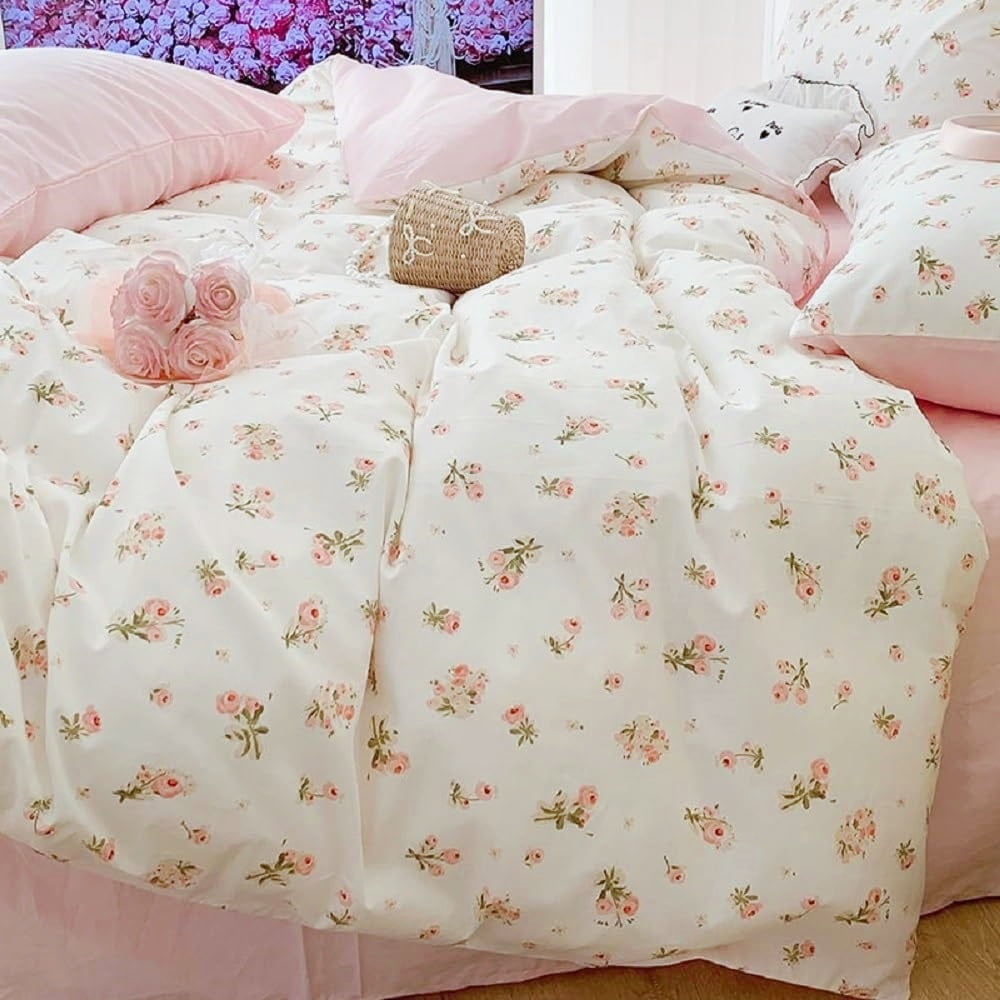 Fluffy Down Alternative Pink loyalty Floral Comforter Queen Sets, 3 Pieces Chic Botanical Pink White Floral Reversible Comforter for All Season - Luxurious Quilted Duvet Cover Set - Default Title