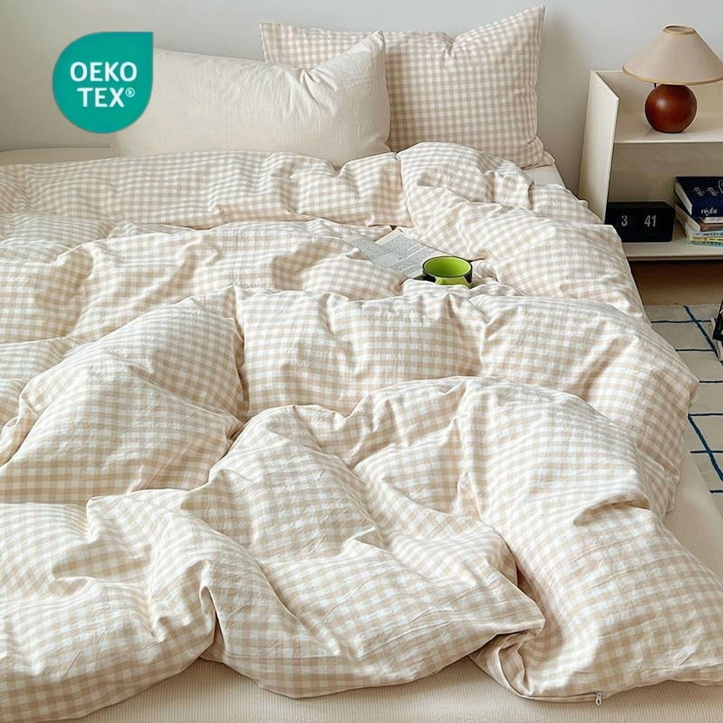 All-Season Soft Beige White Plaid Comforter Twin Sets, 2 Pieces Breathable Plaid Buffalo Checkered Comforter for All Season - All-Season Down Alternative Comforter Insert - Default Title
