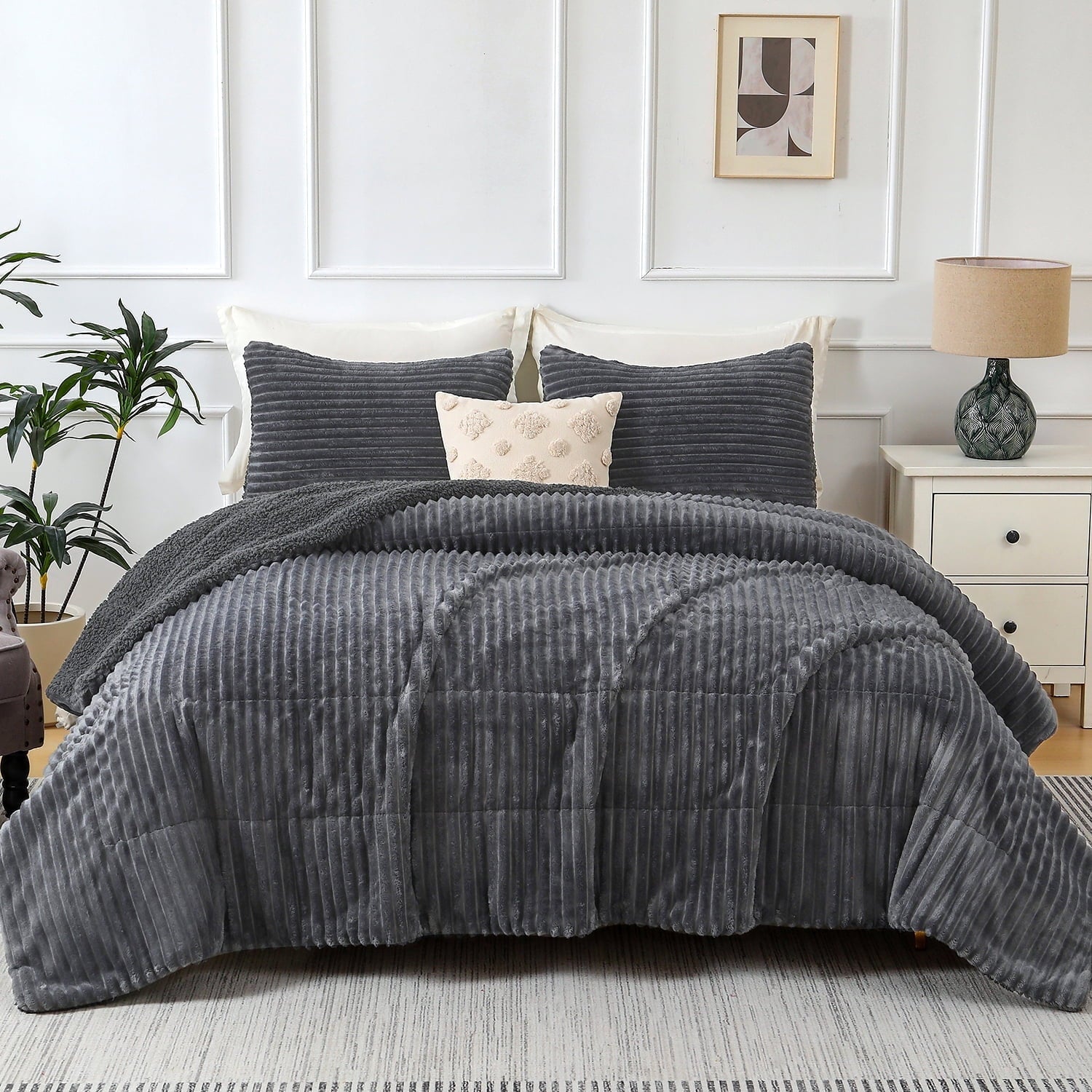 Fluffy Down Alternative 3 Piece Fleece Queen Comforter Set - Soft & Warm Fluffy Dark Gray Sherpa Bedding , Fuzzy Heavy Double Sided Design Wi... - Luxurious Quilted Duvet Cover Set - Default Title