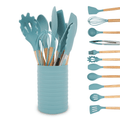 Seamless One-Piece Small Silicone Cooking Utensils with Holder Set (12Pack), Aqua Kitchen Tools with Wooden Handle for Nonstick... - Ergonomic Kitchen Tongs and Cooking Spoon Utensil - Default Title
