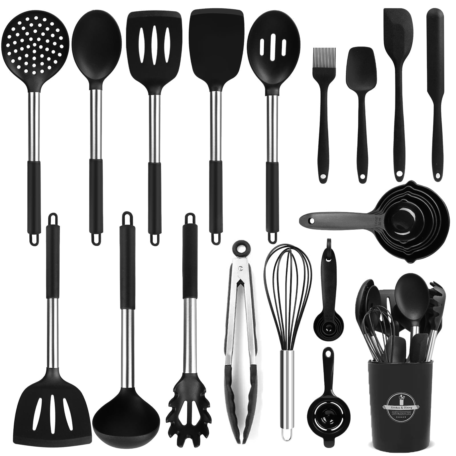 Chef-Quality Silicone Cooking Utensils Set, 26 Pcs, Heat Resistant Kitchen Utensils Set, Black - Multi-Purpose Hand Tool for Daily Meal Prep - Default Title