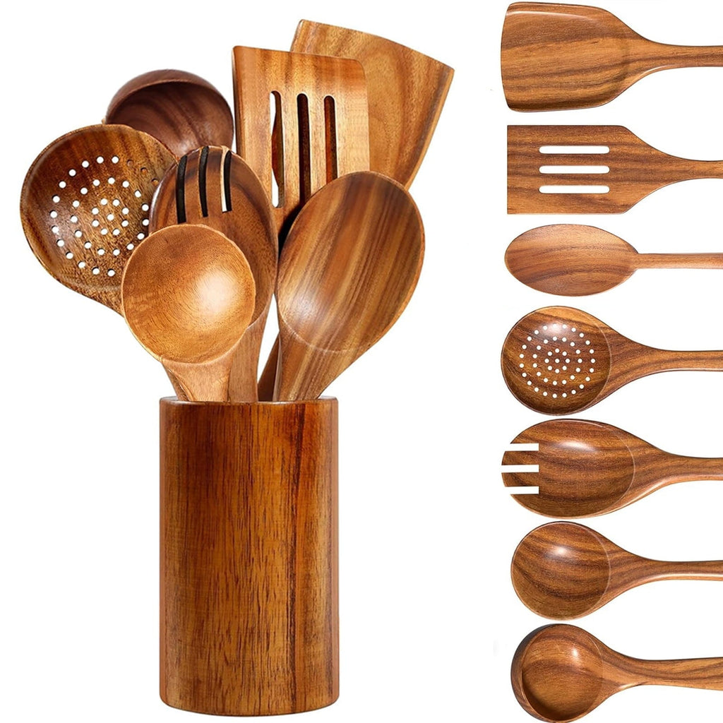 Non-Stick Safe Wooden Spoons for Cooking, 8 Pcs Natural Teak Wooden Utensils Set, Non-Stick & Heat Resistant Durable Wood ... - Premium Stainless Steel Cooking Utensil for Non-Stick Pots - Default Title