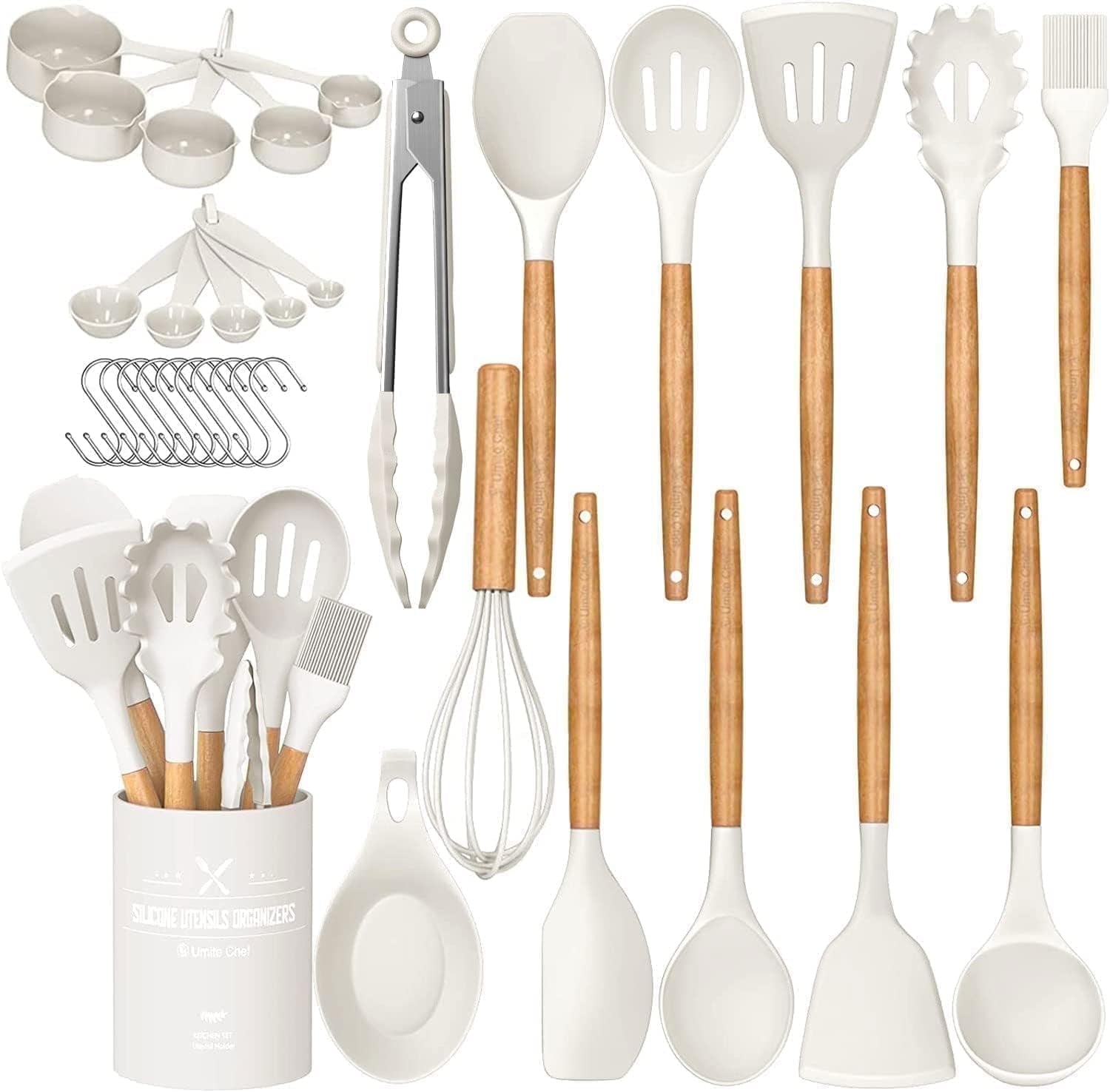 Ergonomic Manual Kitchen Cooking Utensils Set, 33 pcs Non-stick Silicone Cooking Kitchen Utensils Spatula Set with Holder, Wooden Hand... - Premium Stainless Steel Garlic Presser & Peeler - Default Title