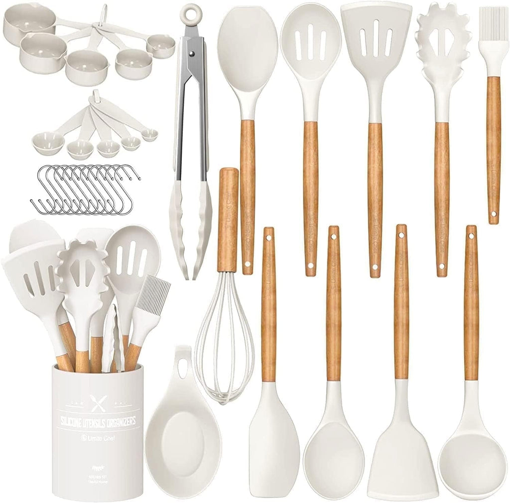 High-Precision Kitchen Cooking Utensils Set, 33 pcs Non-stick Silicone Cooking Kitchen Utensils Spatula Set with Holder, Wooden Hand... - High-Precision Culinary Tool for Baking & Cooking - Default Title