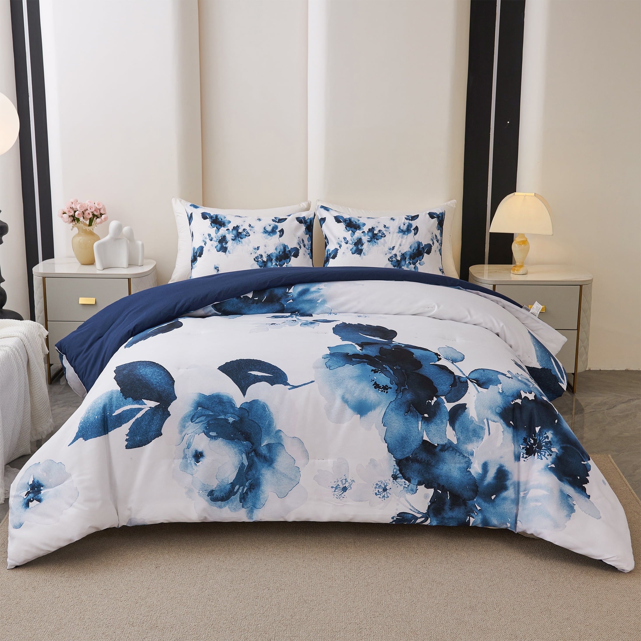 Luxurious Quilted 3 Pieces Blue and White Floral Comforter Set King Size, Flower Bedding with Watercolor Flowers Pattern for Women, Rev... - Cloud-Like Soft Lightweight Bed Comforter - Default Title