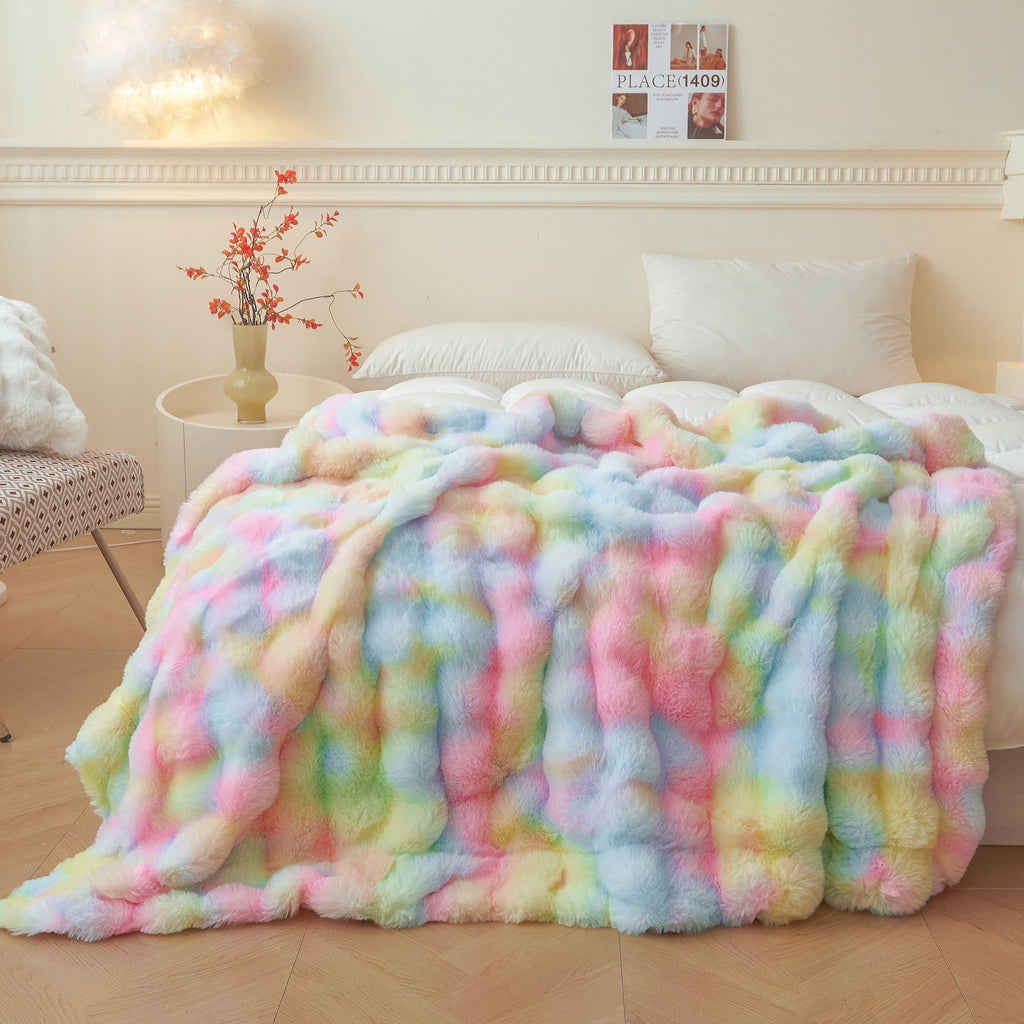 Decorative Knitted Fluffy Faux Rabbit Fur Bubble Throw, Rainbow Plush Shaggy Blanket for Couch Sofa Chair, Soft Tie Dye Furry Blanket Ad... - Luxury Knitted Decorative Throw Blanket with Fringes - Default Title