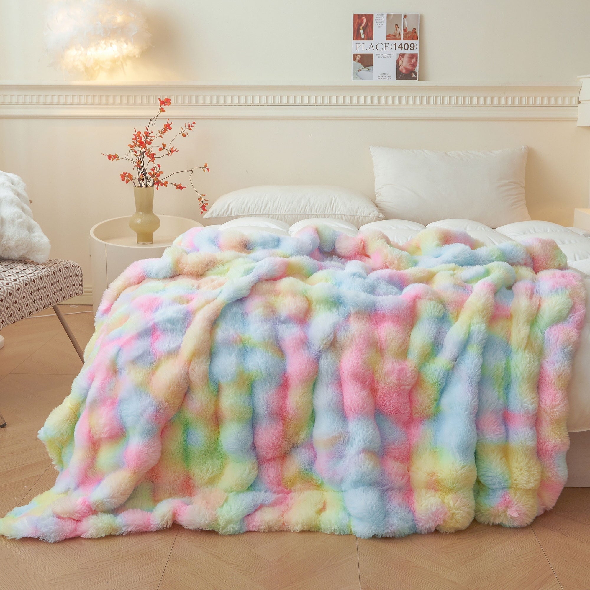 Decorative Knitted Fluffy Faux Rabbit Fur Bubble Throw, Rainbow Plush Shaggy Blanket for Couch Sofa Chair, Soft Tie Dye Furry Blanket Ad... - Luxury Knitted Decorative Throw Blanket with Fringes - Default Title
