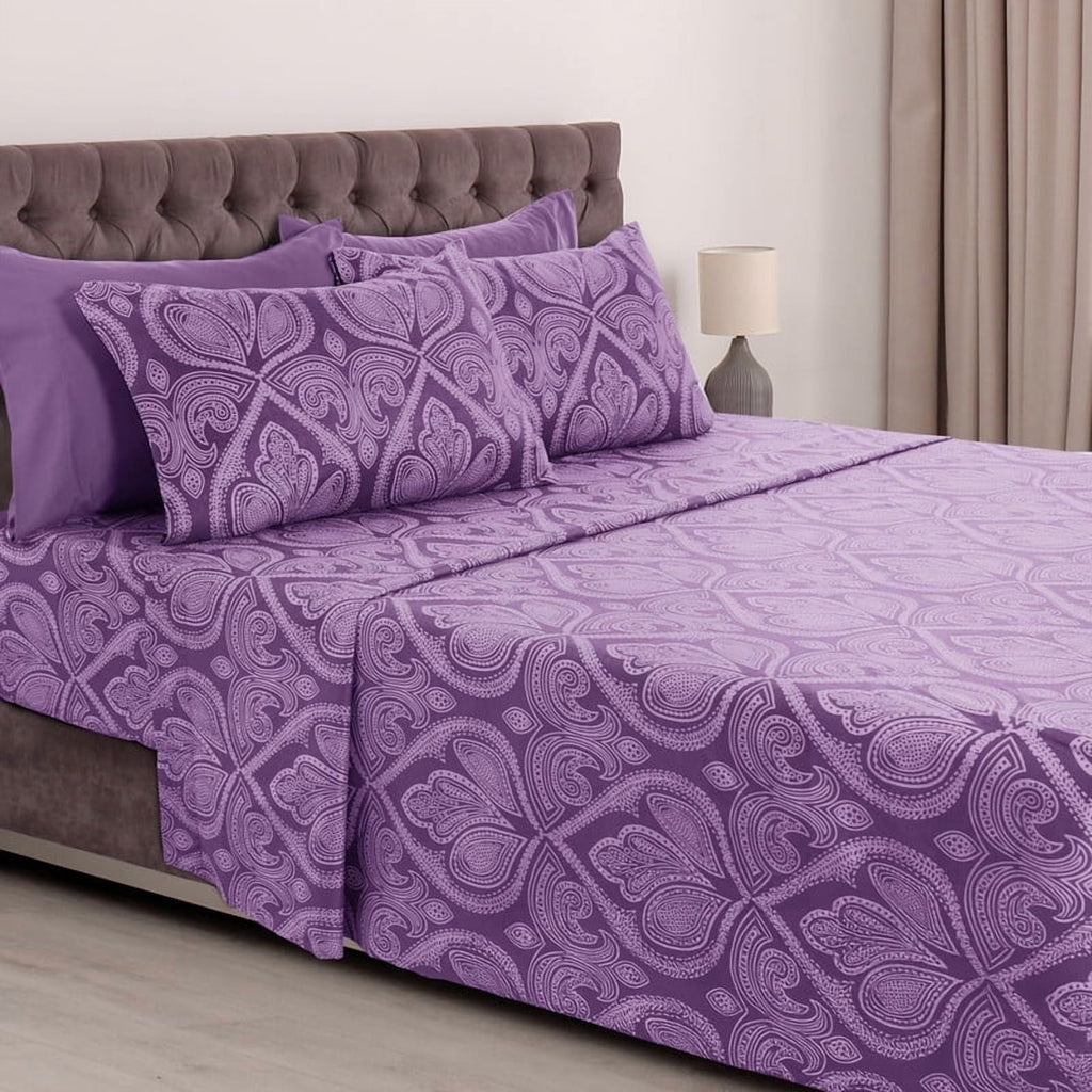 Breathable Luxury Paisley Printed Queen Bed Sheets Set, Microfiber 6 Piece Bedding Set - Purple - Breathable Egyptian Cotton Flat & Fitted Sheets - Default Title