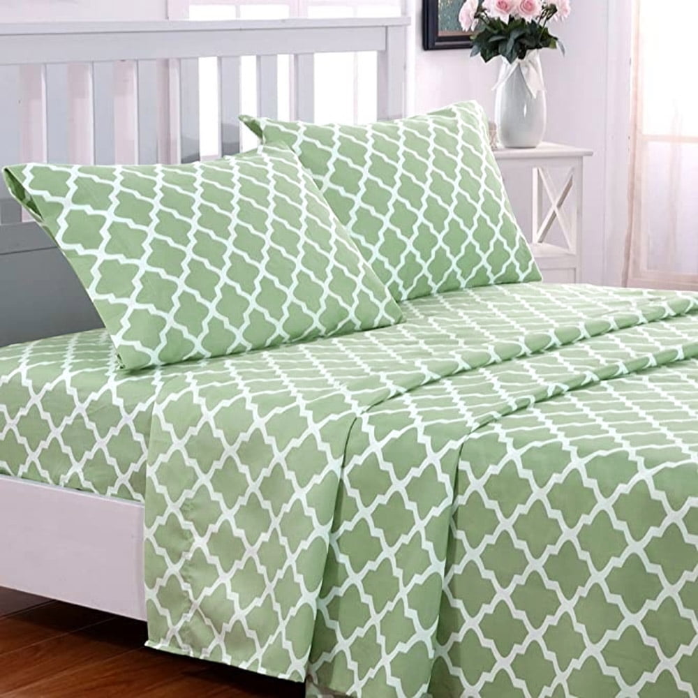Premium Egyptian Cotton Quatrefoil Bed Sheet Set (King, Sage/White) 4 Piece Deep Pocket 1800 Series Microfiber Bed Sheet Set Contains 1 Fitte... - Luxury Bed Sheet Set with Deep Pockets - Default Title
