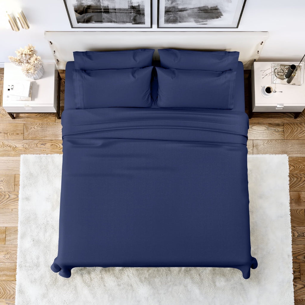 Wrinkle-Resistant Queen Bed Sheets Set, 6 Pc Microfiber Bed Sheets, Extra Deep Pocket Queen Fitted Sheet, Flat Sheet & Pillowcases, Nav... - Luxury Bed Sheet Set with Deep Pockets - Default Title