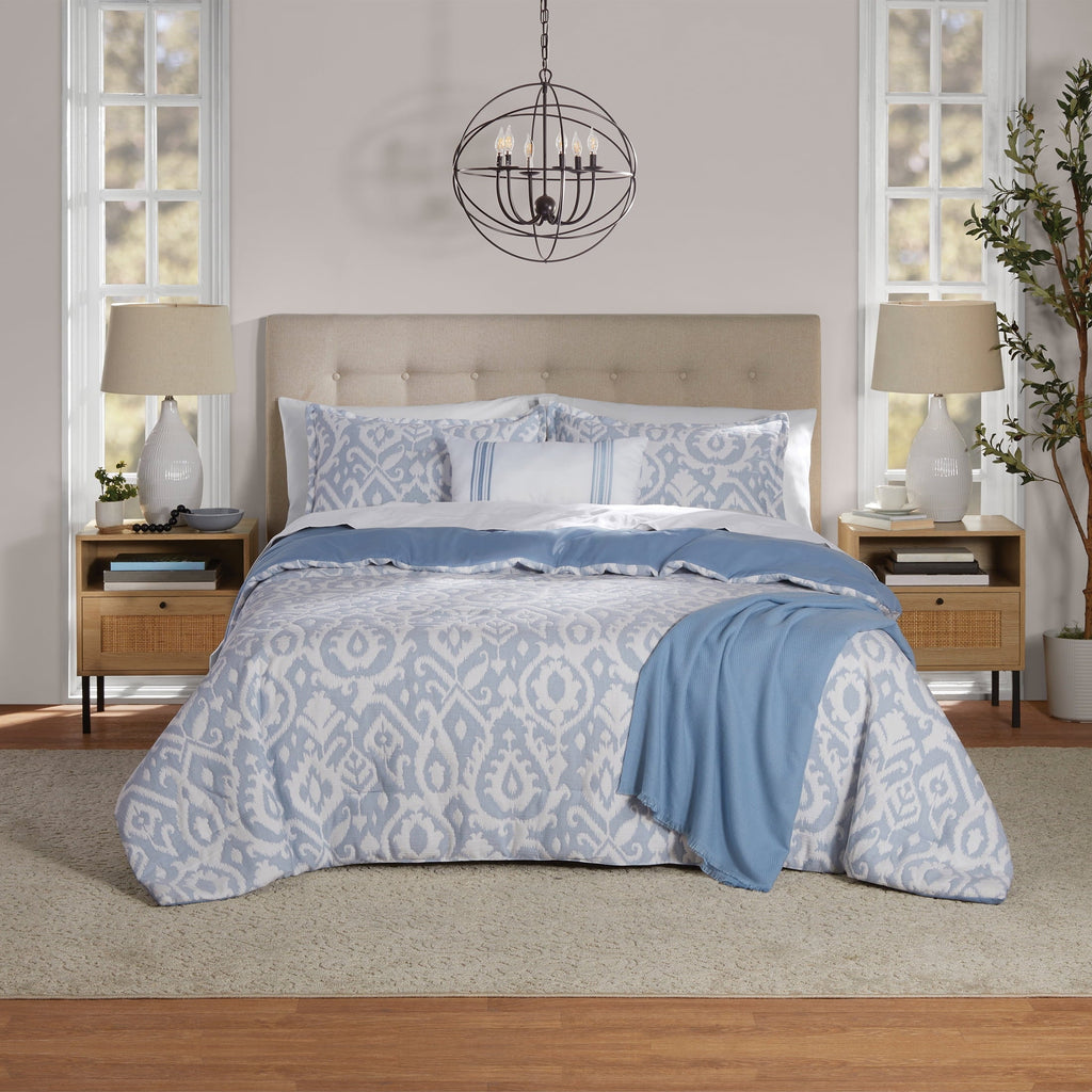 Luxurious Quilted Full/Queen Comforter Set, All-Season, 5-Piece, Blue Matelasse Ikat - All-Season Down Alternative Comforter Insert - Default Title