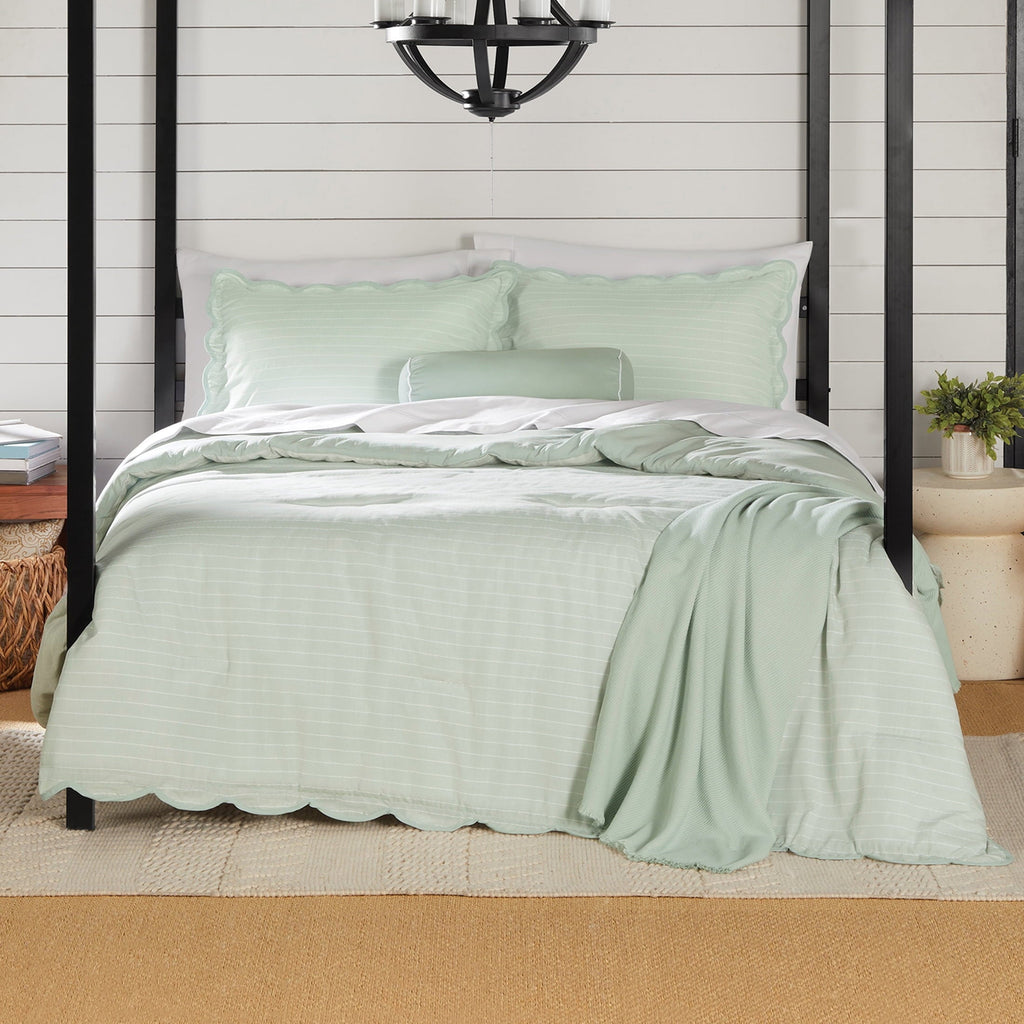 Heavyweight Warmth Full/Queen Comforter Set, All-Season, 5-Piece, Sage Pick Stitch Scallop - Luxurious Quilted Duvet Cover Set - Default Title