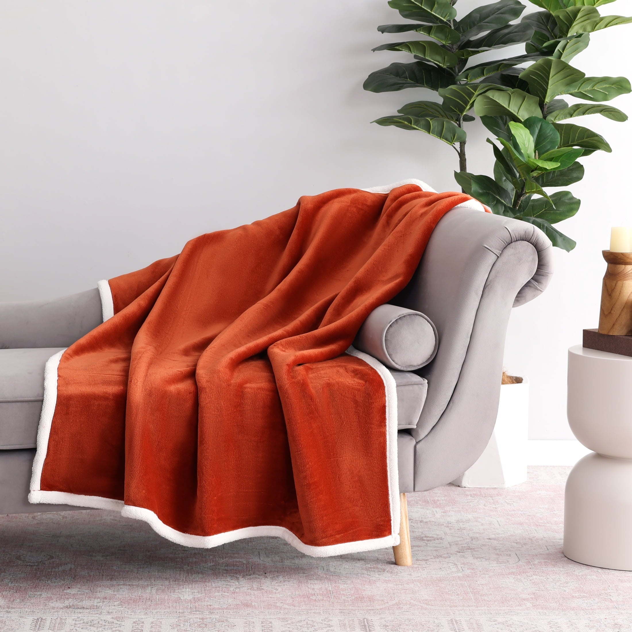 Reversible Sherpa Reversible Printed Velvet Plush and Hampshire Faux Shearling Soft Throw Blanket, Standard Size, Auburn Sun - Luxury Knitted Decorative Throw Blanket with Fringes - Default Title