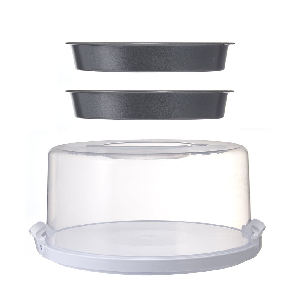 Premium Kitchen 12 inch Clear Cake Carrier with 2pk 9 inch Gray Round Pans, Carbon Steel - Premium Stainless Steel Garlic Presser & Peeler - Default Title