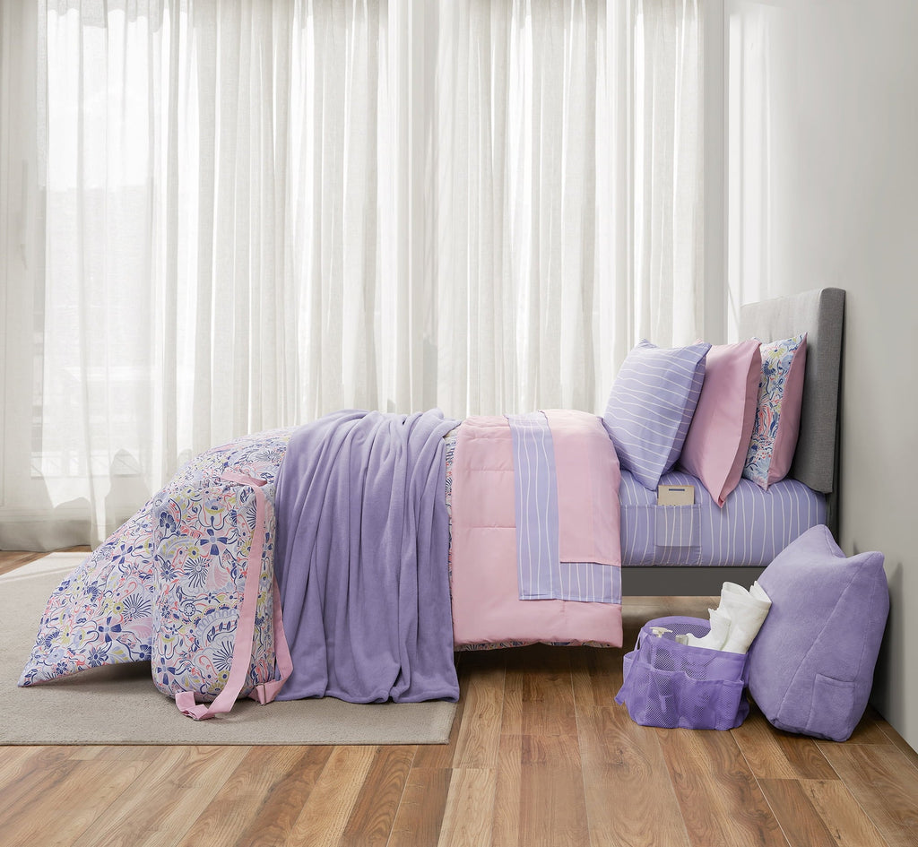 Fluffy Down Alternative 14pc College Dorm Essentials Bundle, Twin-XL, Reversible Bed in a Bag Comforter Set, Purple Floral - All-Season Down Alternative Comforter Insert - Default Title