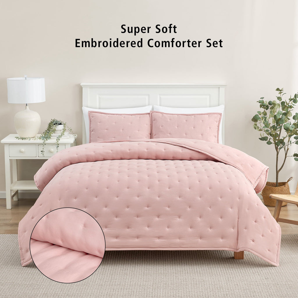 Luxurious Quilted Full/Queen Comforter Set, Super Soft & Embroidered, 3-Piece, Pink - Hypoallergenic Ultra-Fluffy Quilt for Winter - Default Title