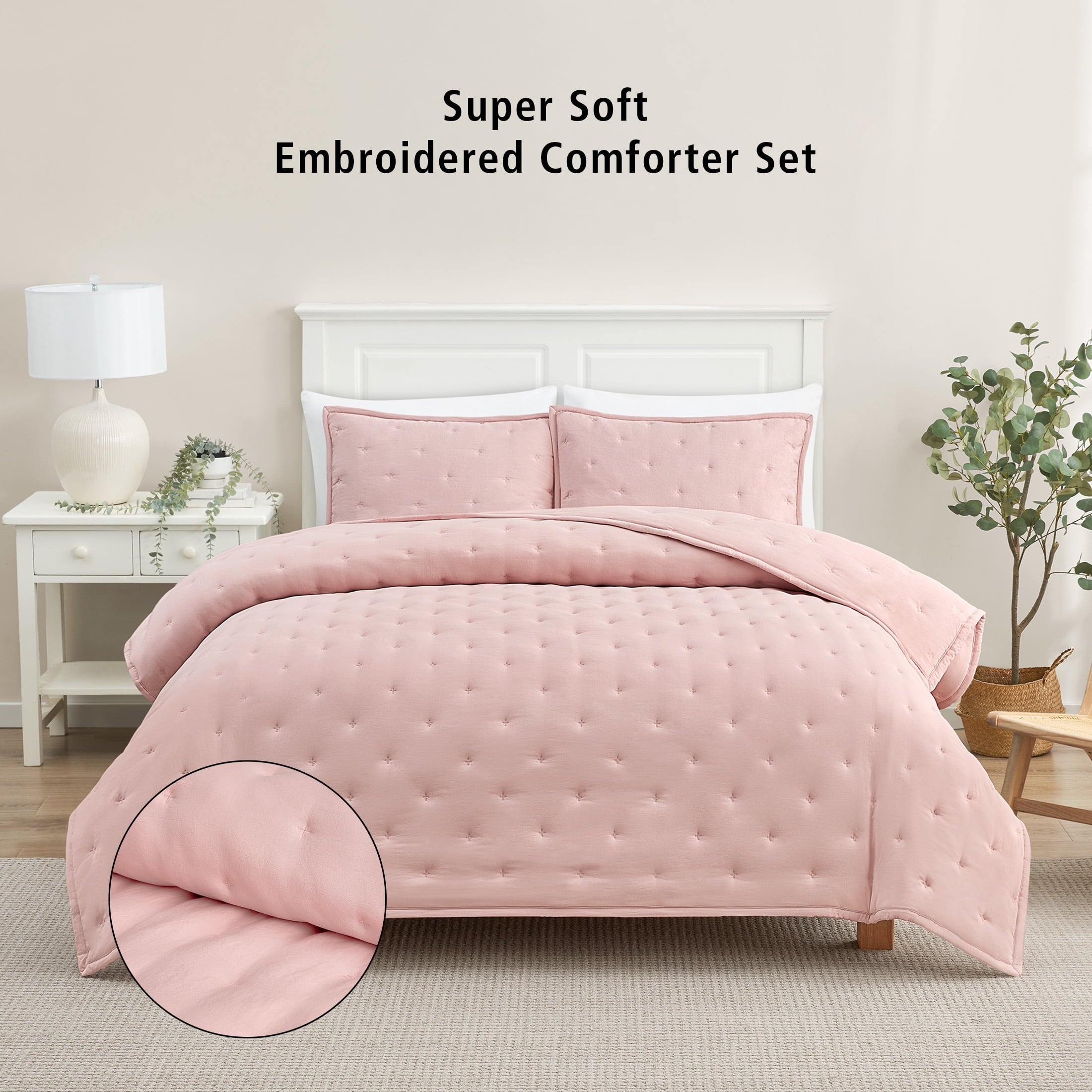 Luxurious Quilted Full/Queen Comforter Set, Super Soft & Embroidered, 3-Piece, Pink - Hypoallergenic Ultra-Fluffy Quilt for Winter - Default Title