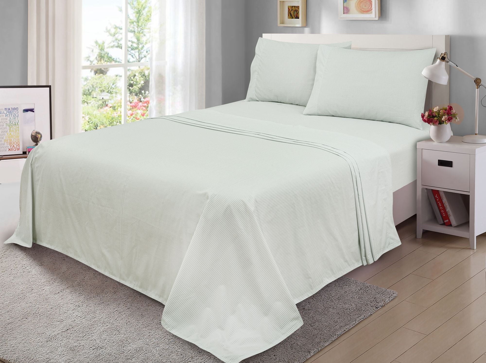 Premium Egyptian Cotton Easy Care 300 Thread Count Cotton Rich Percale Sheet Set, King, Grey Stripes - Luxury Bed Sheet Set with Deep Pockets - Default Title