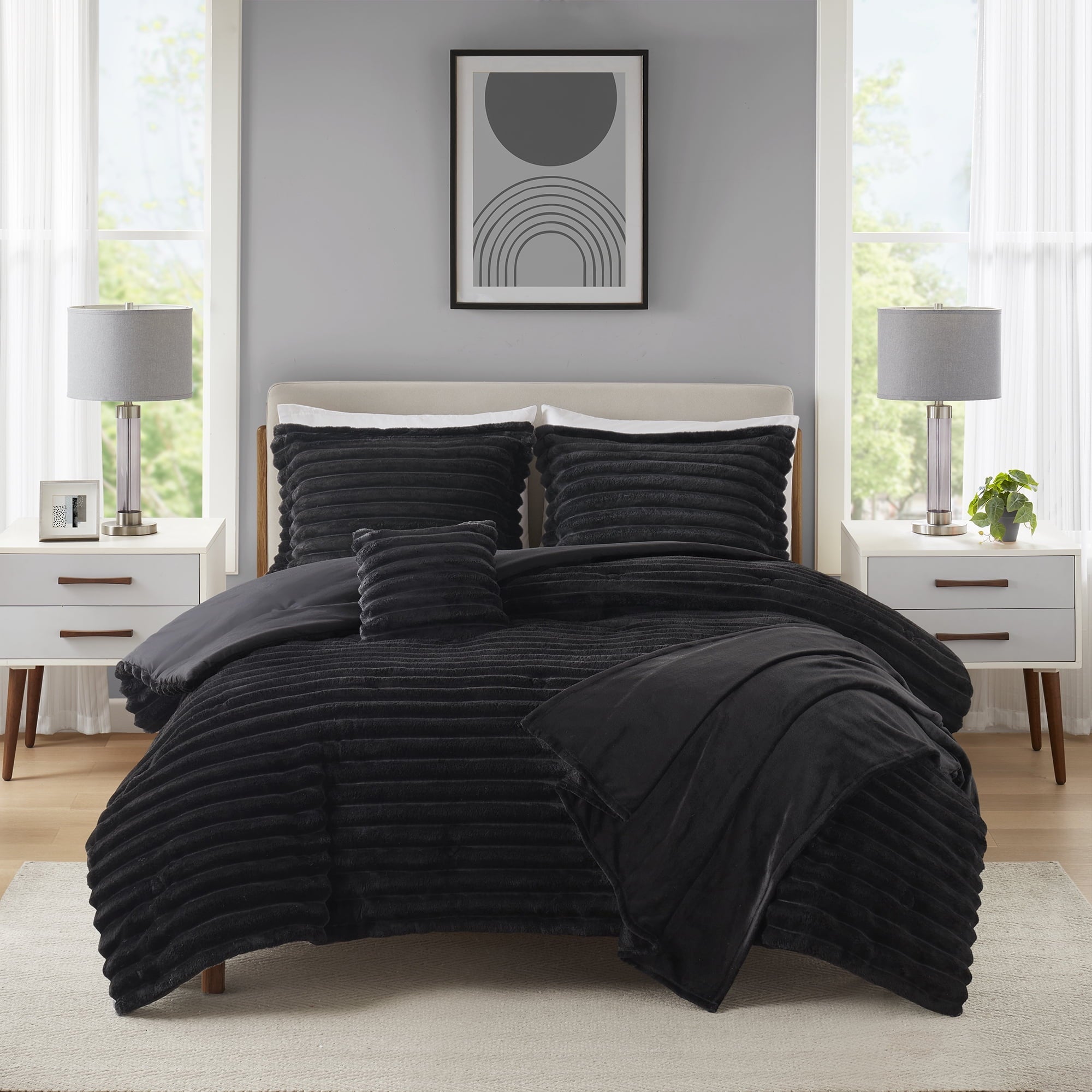 Fluffy Down Alternative Full/Queen Comforter Set, All-Season, 5-Piece, Black Cozy Plush - Cloud-Like Soft Lightweight Bed Comforter - Default Title