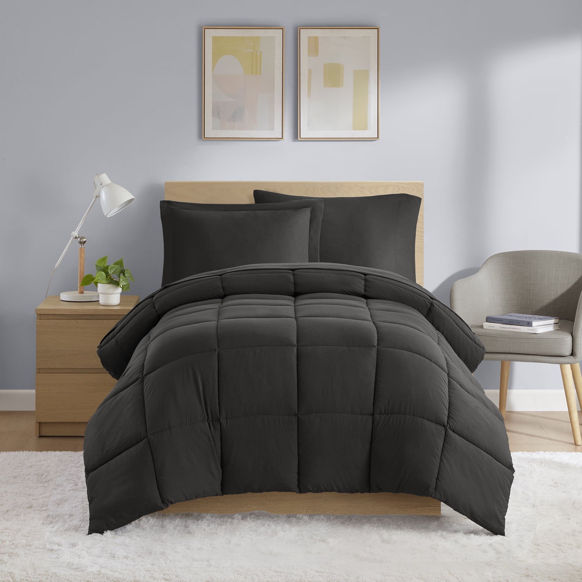 Fluffy Down Alternative All in One Down Alt Reversible Comforter and Sheet set- 5 Piece, Twin, Black - All-Season Down Alternative Comforter Insert - Default Title