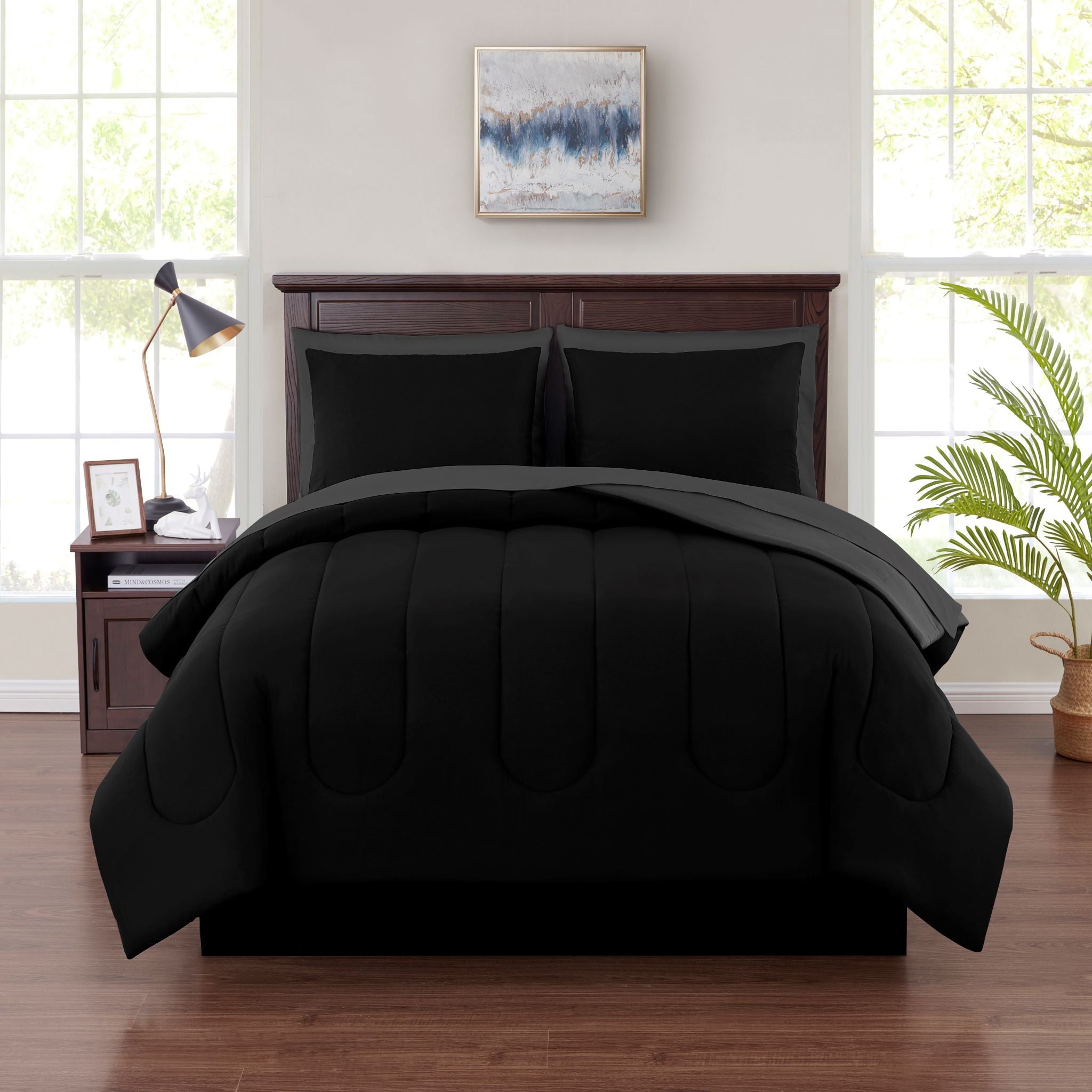 Hypoallergenic Cloud 7 Piece Reversible Bed in a Bag Comforter Set with Sheets, Black, King - Hypoallergenic Ultra-Fluffy Quilt for Winter - Default Title