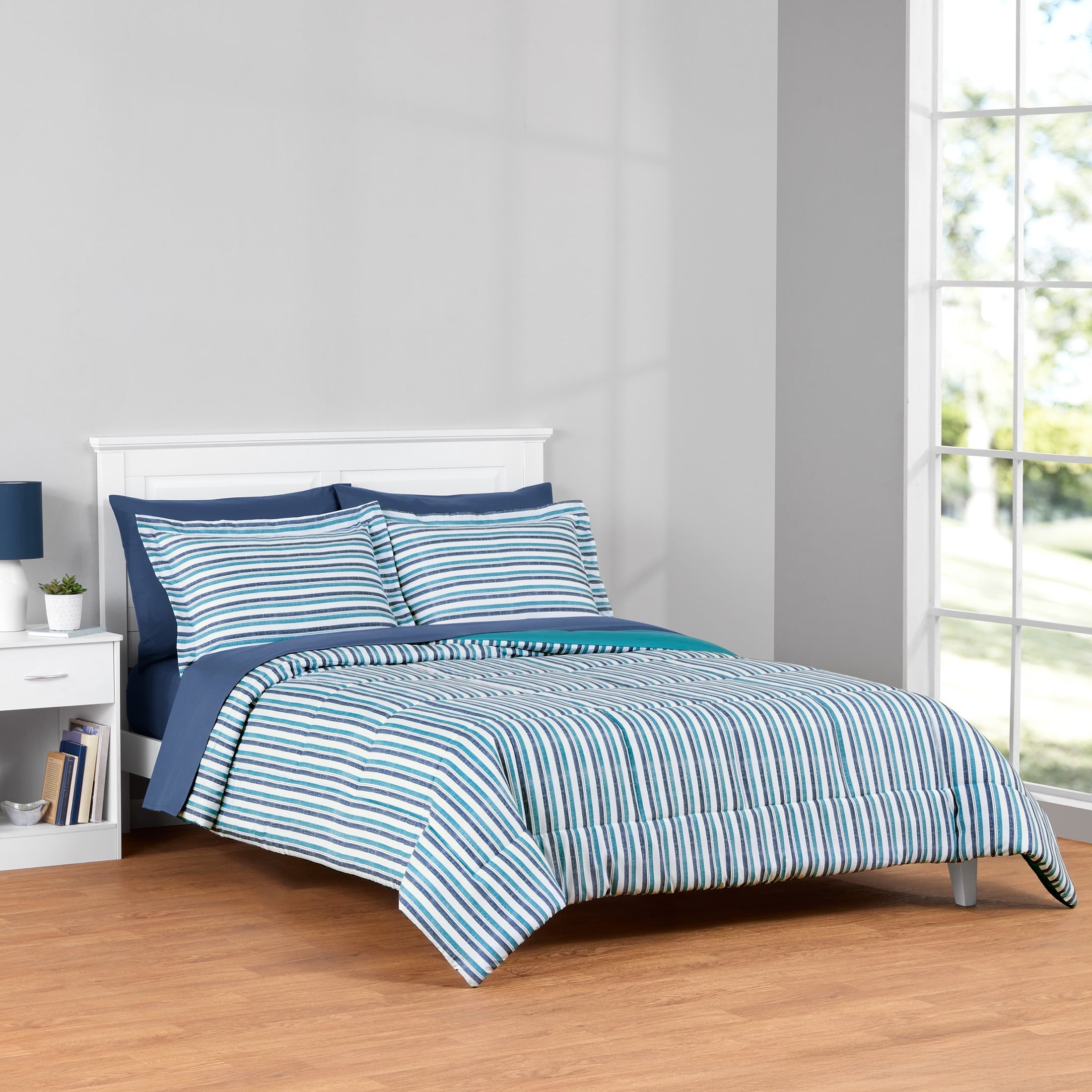 Heavyweight Warmth All in One Reversible Comforter and Sheet Set- 7 Piece, Queen, Blue Pinstripe - Hypoallergenic Ultra-Fluffy Quilt for Winter - Default Title