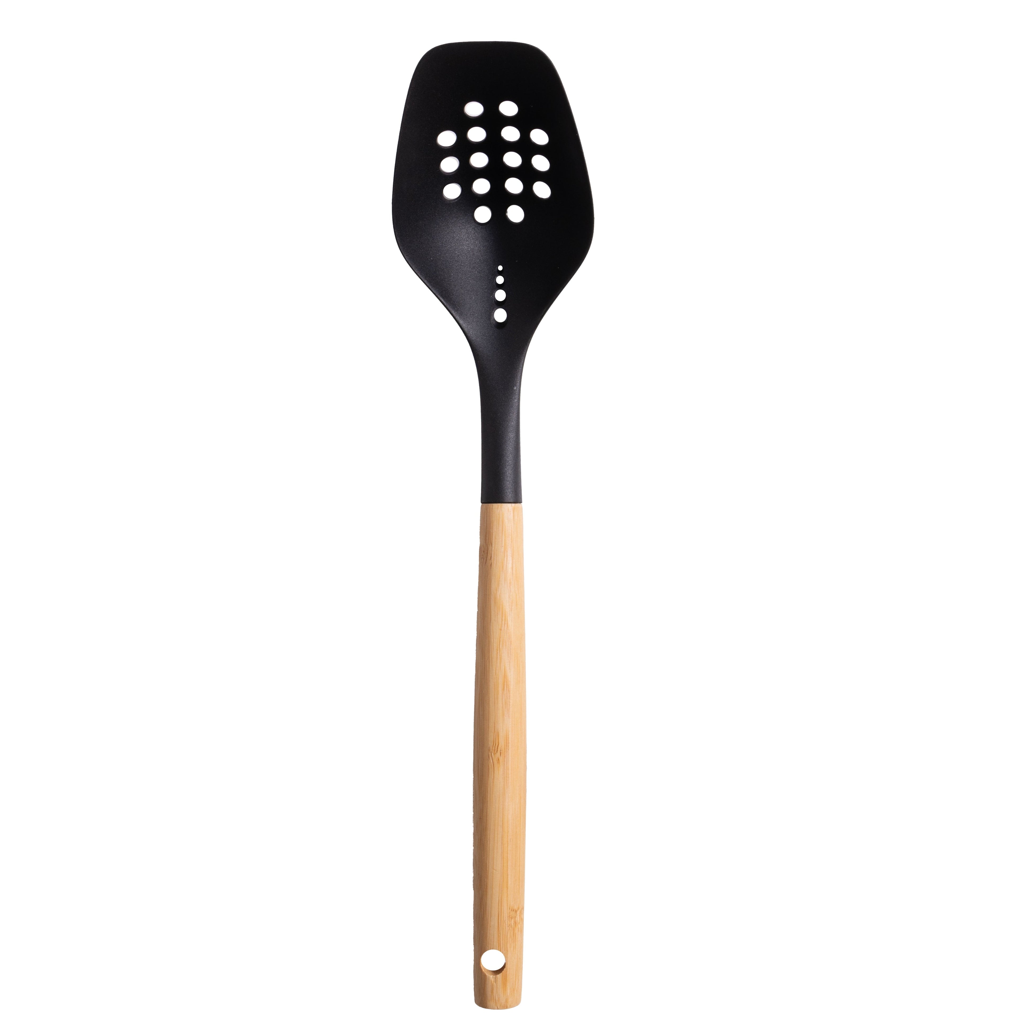Durable Steel Cooking Spoon with Bamboo Handle, 12.6"2.7", & Bamboo, Black - Professional Kitchen Tool for Culinary Enthusiasts - Default Title