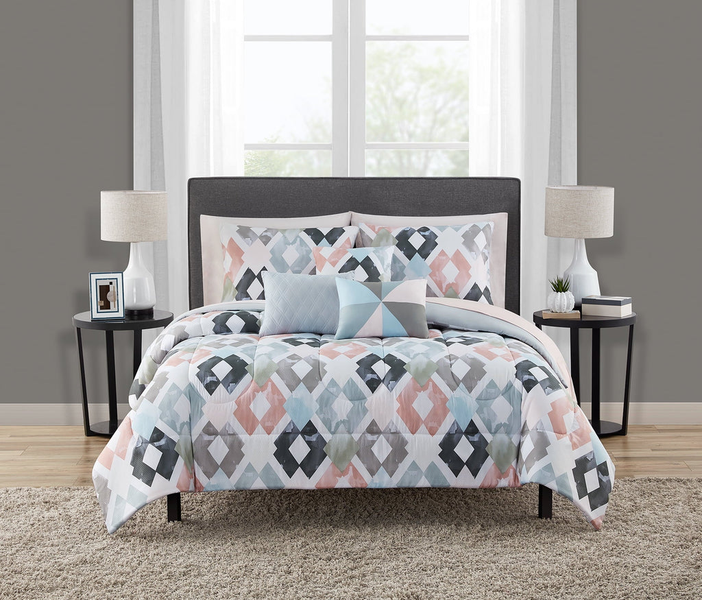Fluffy Down Alternative Reversible Marble Diamond 8-Piece Bed in a Bag Bedding Set, Twin/Twin XL - Hypoallergenic Ultra-Fluffy Quilt for Winter - Default Title
