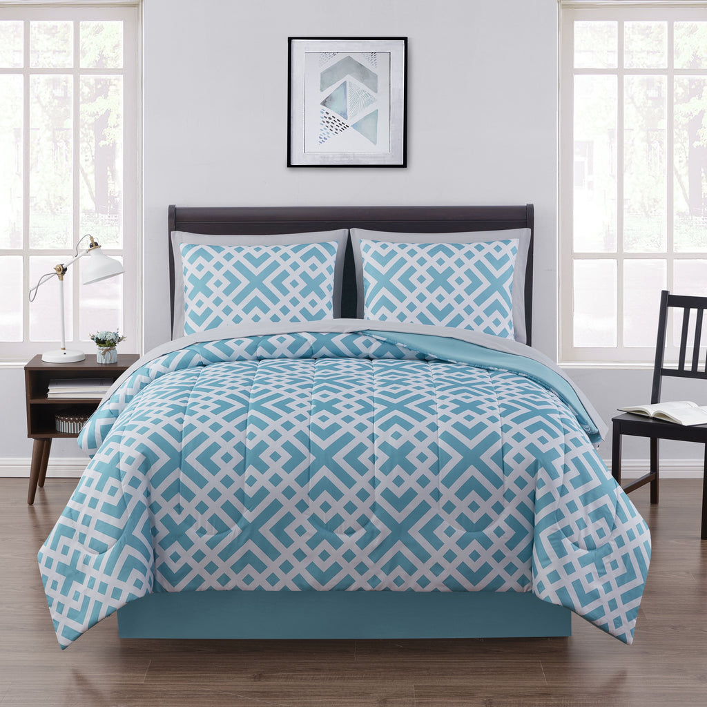 Heavyweight Warmth Teal Geometric 6 Piece Bed in a Bag Comforter Set with Sheets, Twin/Twin-XL - All-Season Down Alternative Comforter Insert - Default Title