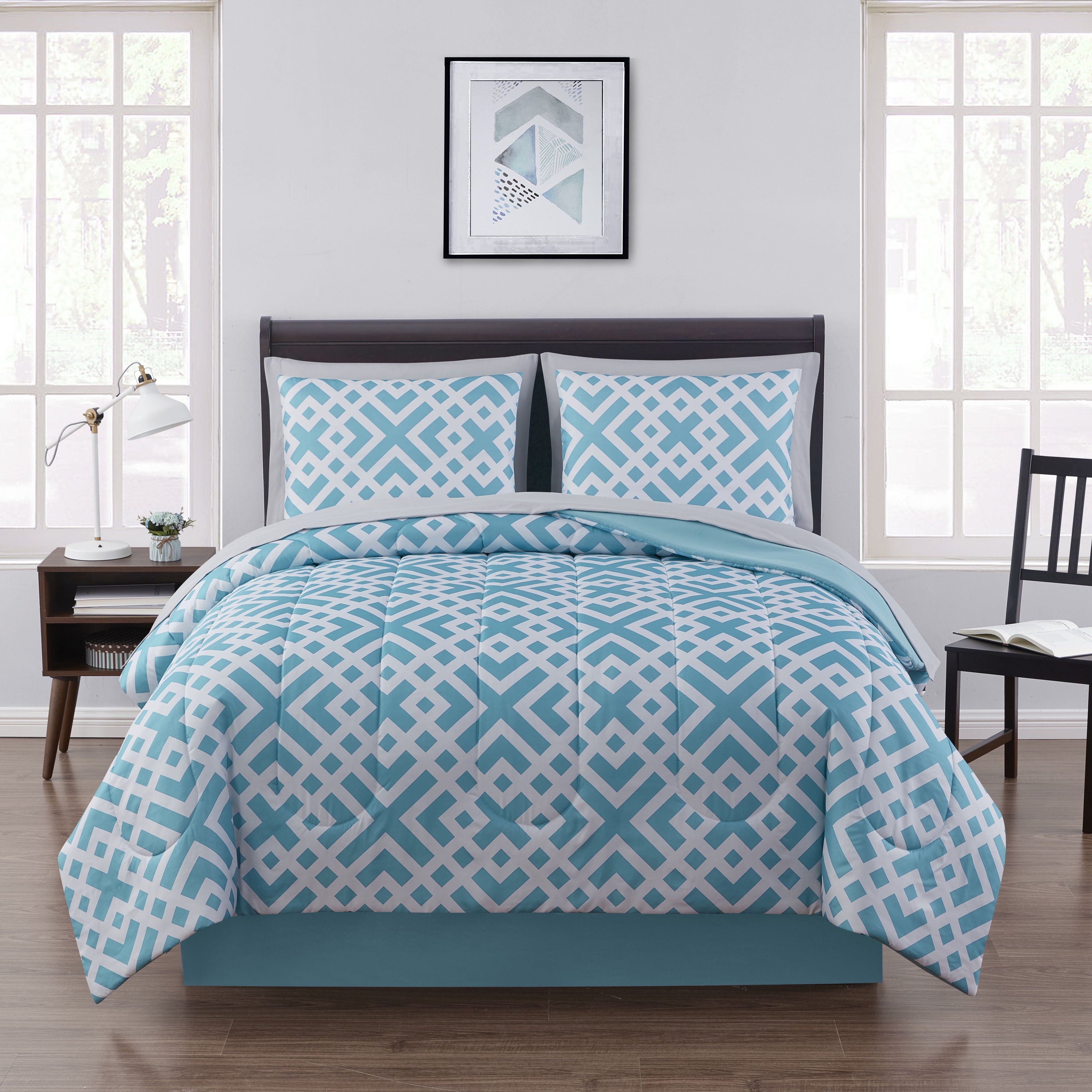 Heavyweight Warmth Teal Geometric 6 Piece Bed in a Bag Comforter Set with Sheets, Twin/Twin-XL - All-Season Down Alternative Comforter Insert - Default Title