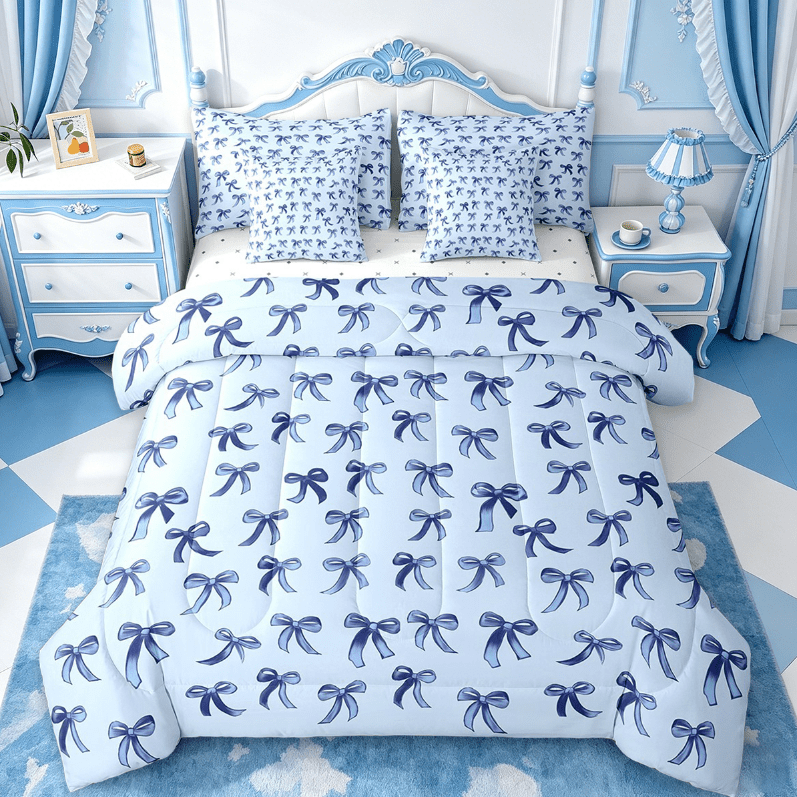 Luxurious Quilted Cute Bowknot Twin Bedding Sets 7-Piece,Girls Ribbon Bow Bedding Comforter Set,Dreamy Blue Sheet Sets For Girls,Super ... - Cloud-Like Soft Lightweight Bed Comforter - Default Title